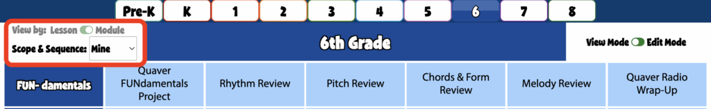A screenshot of the top portion of the Lesson Selection Menu. On the left side two things are circled: a "view by lesson or module" toggle and a Scope and Sequence dropdown menu.